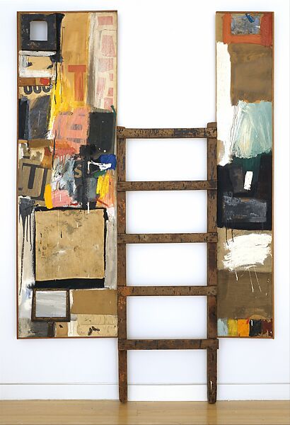 Winter Pool, Robert Rauschenberg (American, Port Arthur, Texas 1925–2008 Captiva Island, Florida), Combine painting: oil, paper, fabric, wood, metal, sandpaper, tape, printed paper, printed reproductions, handheld bellows, and found painting, on two canvases, with ladder 