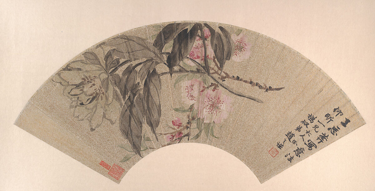 Peach Blossoms and Peony, Zhao Zhiqian (Chinese, 1829–1884), Folding fan mounted as an album leaf; ink and color on gold-flecked paper, China 