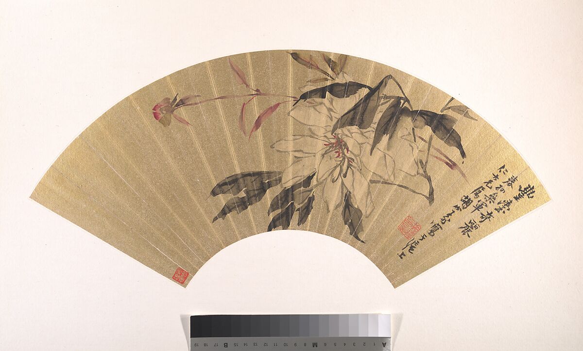 Herbaceous Peony, Hu Yuan (Chinese, 1823–1886), Folding fan mounted as an album leaf; ink and color on gold paper, China 