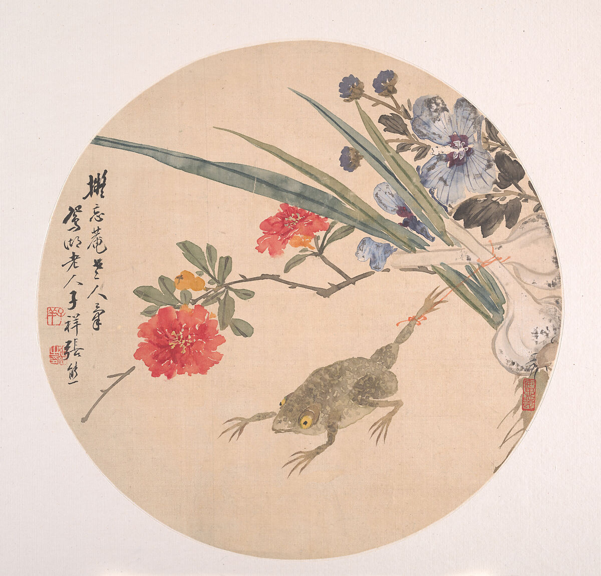 Flower and Toad, Zhang Xiong (Chinese, 1803–1886), Circular fan-shaped album leaf; ink and color on silk, China 