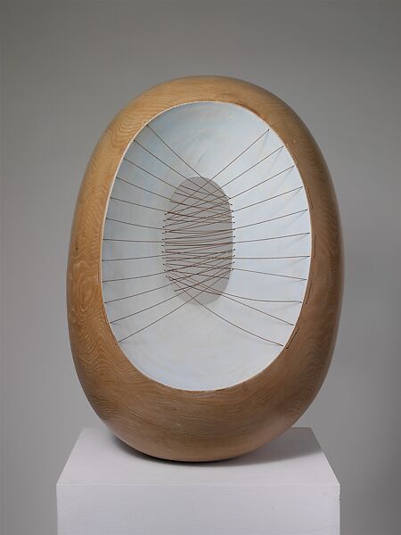 Oval Form with Strings and Color, Barbara Hepworth (British, 1903–1975), Elmwood, painted Elmwood, and cotton string