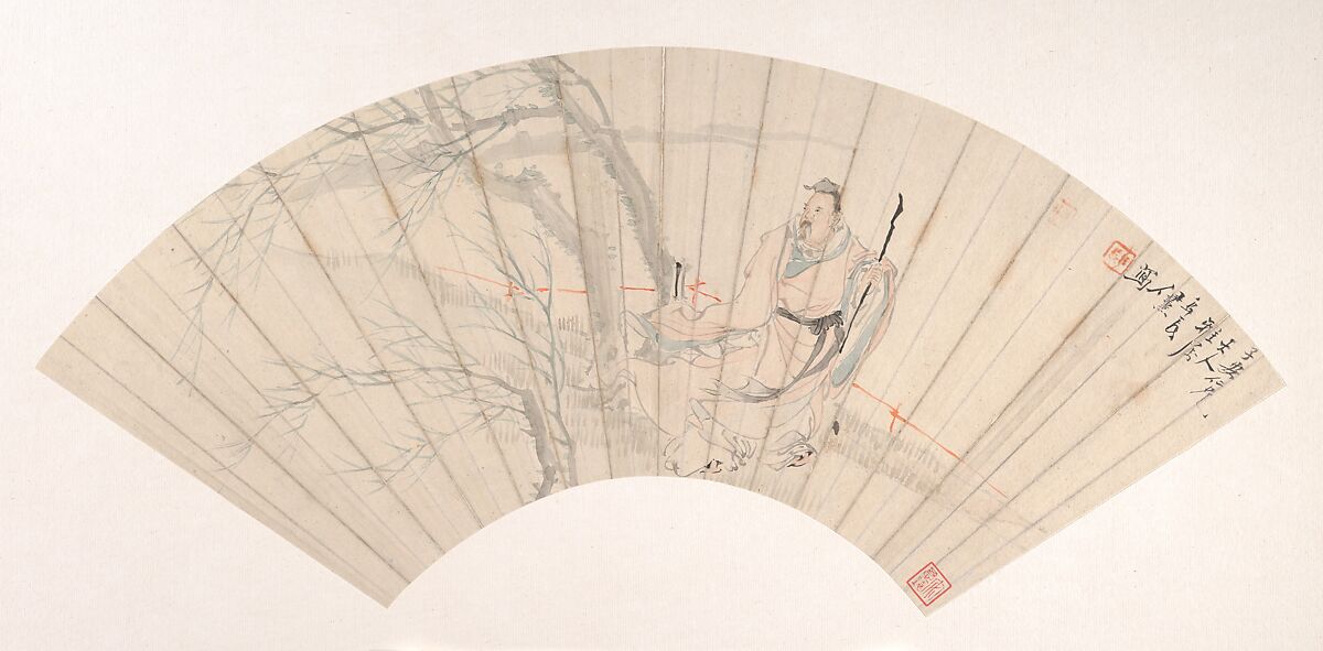 Scholar in the Wind, Ren Xun  Chinese, Folding fan mounted as an album leaf; ink and color on alum paper, China