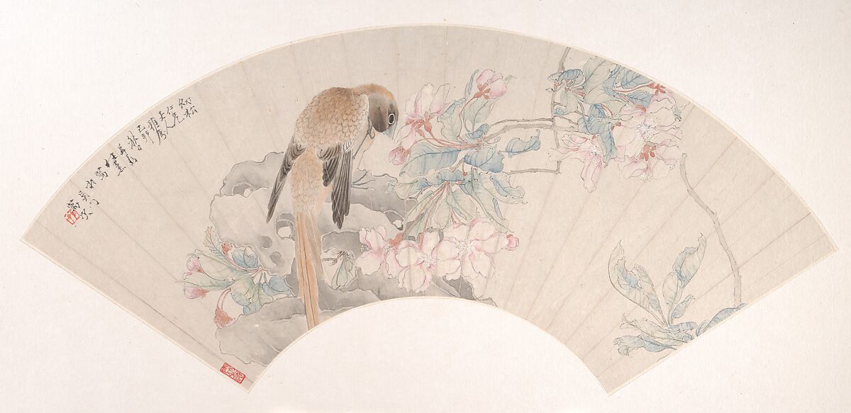Bird on a Rock by a Flowering Branch, Ren Xun  Chinese, Folding fan mounted as an album leaf; ink and color on alum paper, China