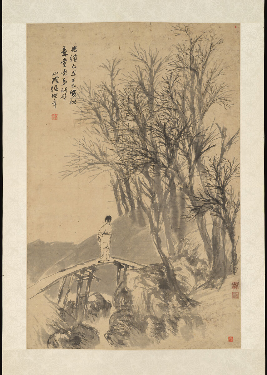 Man on a Bridge, Ren Yi (Ren Bonian)  Chinese, Hanging scroll; ink on bark paper, China