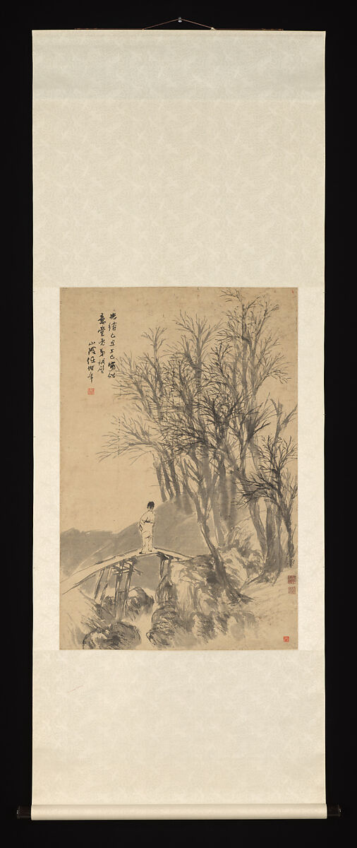 Man on a Bridge, Ren Yi (Ren Bonian) (Chinese, 1840–1896), Hanging scroll; ink on bark paper, China