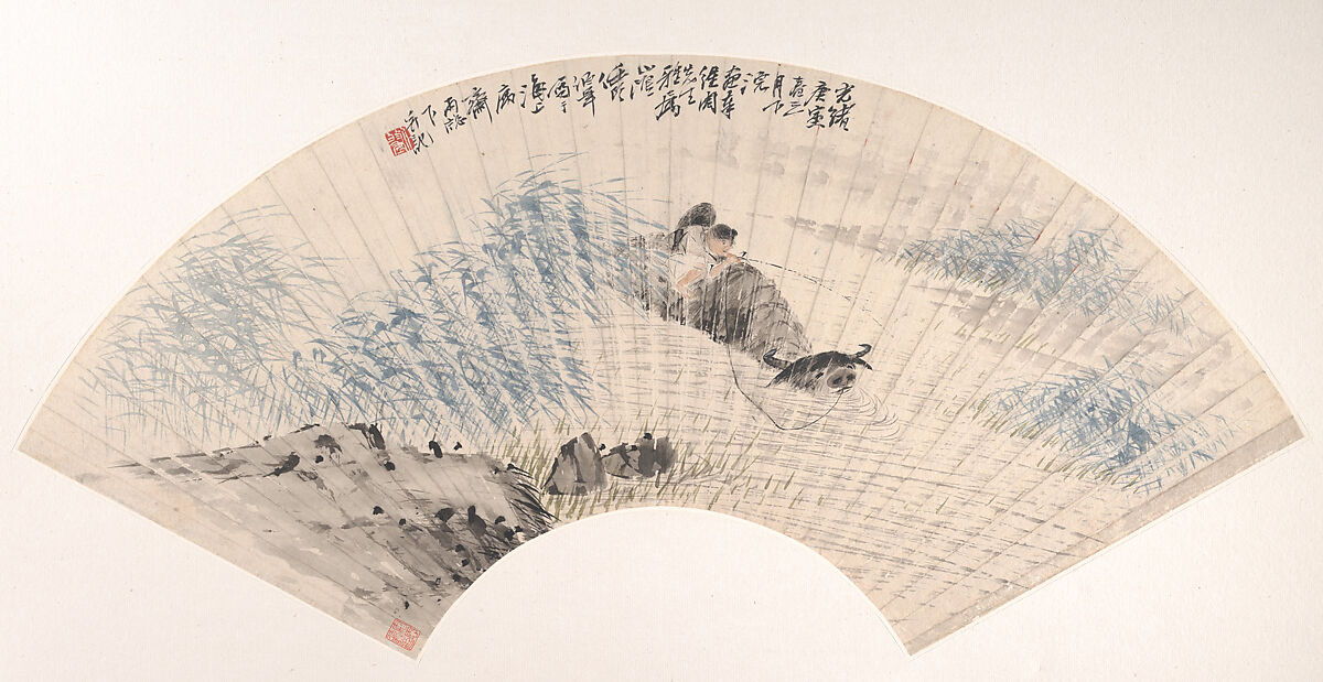 Herdboy and Buffalo, Ren Yi (Ren Bonian)  Chinese, Folding fan mounted as an album leaf; ink and color on alum paper, China