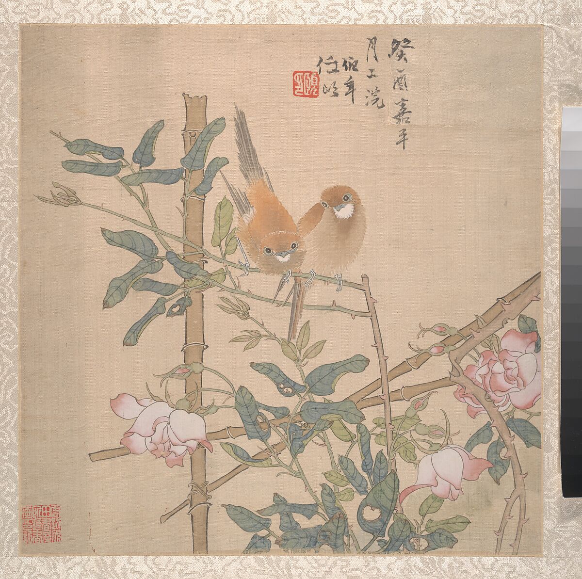 Two Birds Perched on a Flowering Rose Bush, Ren Yi (Ren Bonian) (Chinese, 1840–1896), Album leaf; ink and color on paper, China 