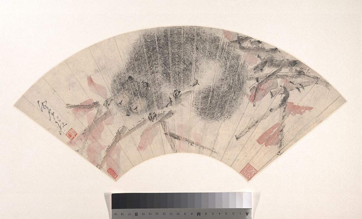 Squirrel on an Autumn Branch, Xugu (Zhu Huairen) (Chinese, 1823–1896), Folding fan mounted as an album leaf; ink and color on alum paper, China 