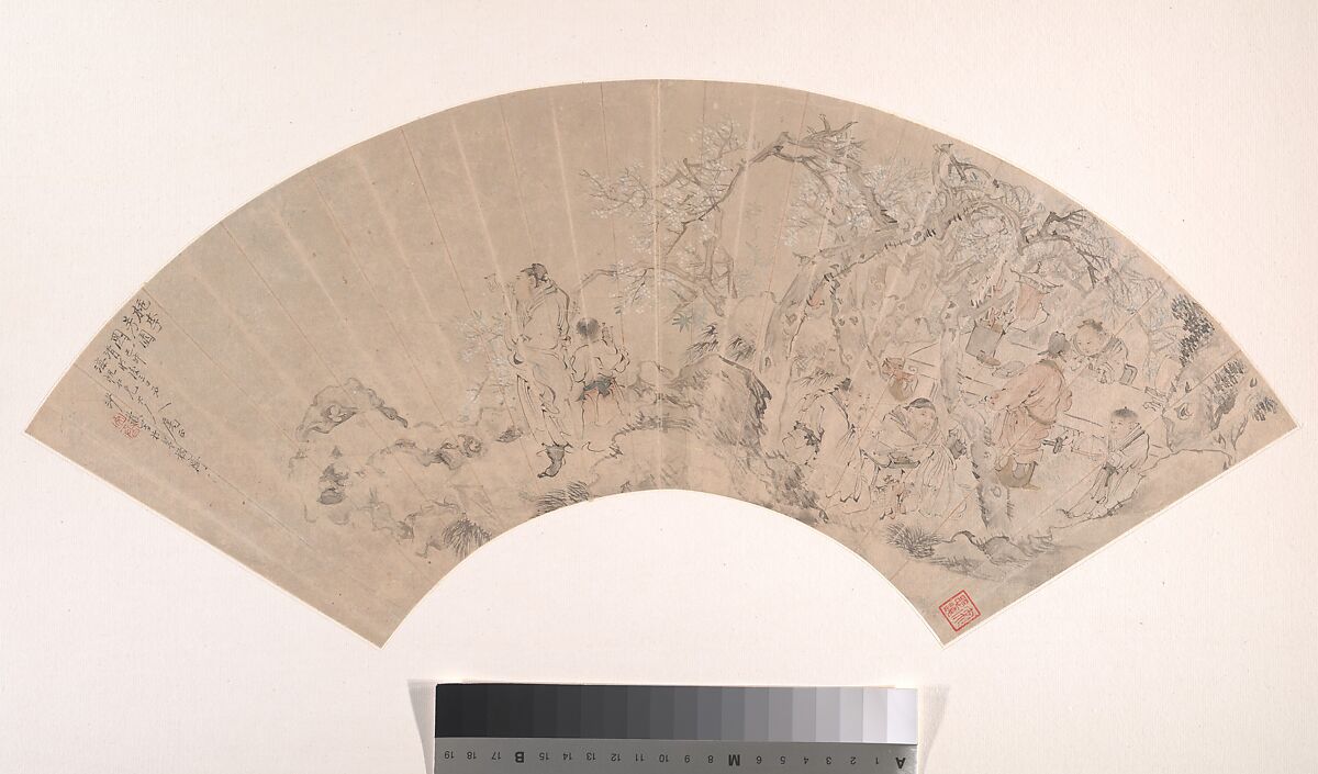 The Peach and Plum Garden, Sha Fu (Chinese, 1831–1906), Folding fan mounted as an album leaf; ink and color on alum paper, China 