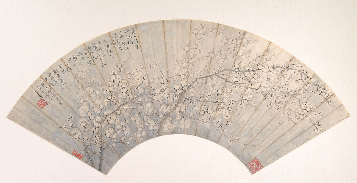 Plum, Jin Lan (Chinese, 1841–1910), Folding fan mounted as an album leaf; ink and color on alum paper, China 