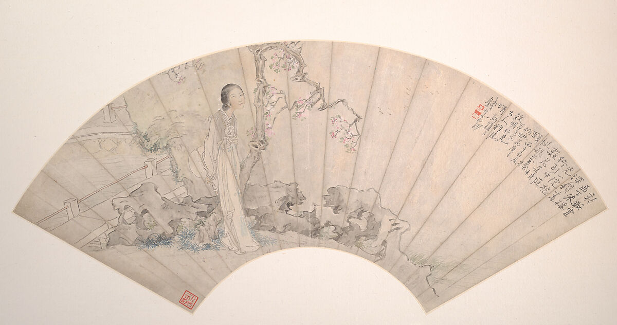 Woman in a garden, Qian Huian (Chinese, 1833–1911), Folding fan mounted as an album leaf; ink and color on alum paper, China 