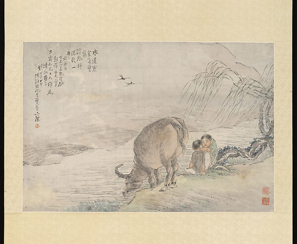 Herd-boys and Buffalo, Qian Huian (Chinese, 1833–1911), Hanging scroll; ink and color on paper, China 