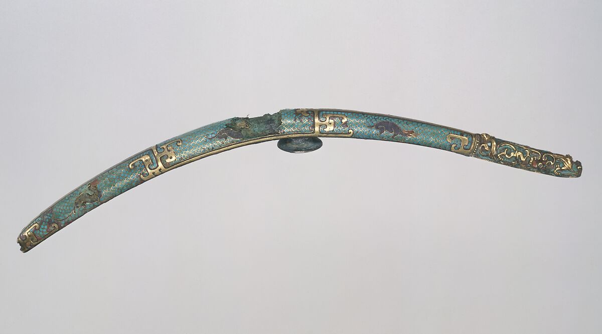 Belt hook, Bronze inlaid with gold, turquoise, lapis lazuli, silver, and red lead oxide, China 