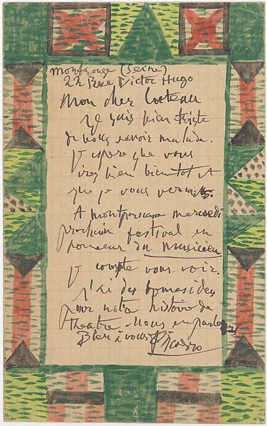 Illustrated Letter to Jean Cocteau, Pablo Picasso (Spanish, Malaga 1881–1973 Mougins, France), Pen and black ink and opaque watercolor on graph paper 