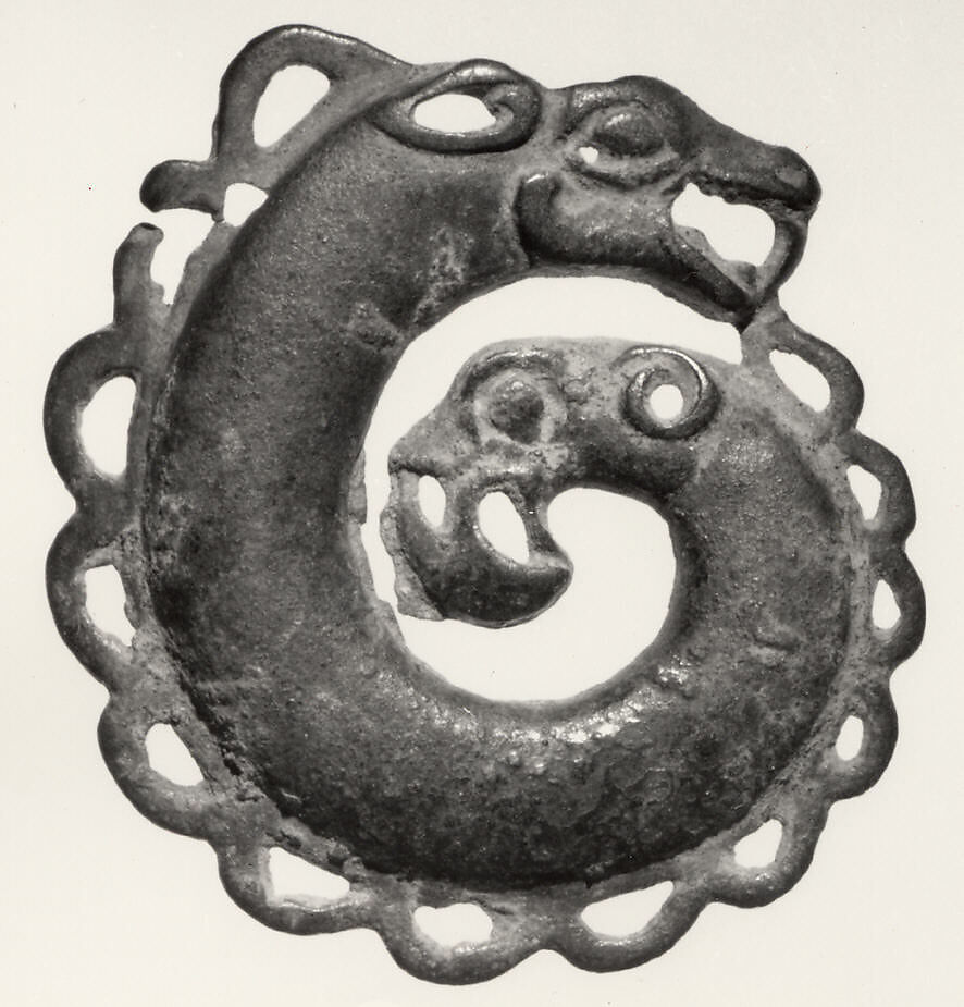 Plaque in the Shape of a Coiled, Two-Headed Animal, Gilt bronze, North China 