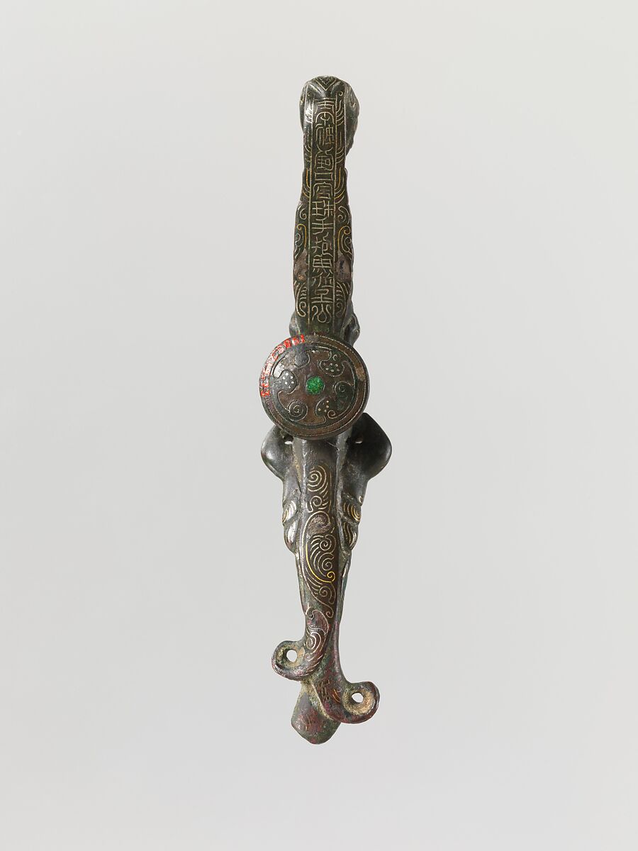 Belt Hook, Bronze inlaid with gold, silver, ivory, turquoise, and Paris green, China