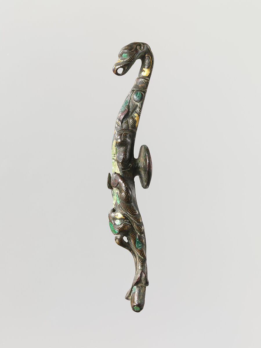 Belt Hook, Bronze inlaid with gold, silver, ivory, turquoise, and Paris green, China