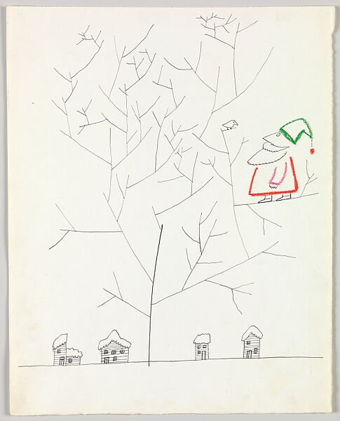 Santa Looking at Bird in a Tree, Saul Steinberg (American (born Romania), Râmincul-Sarat 1914–1999 New York), Pen and ink and crayon on paper 