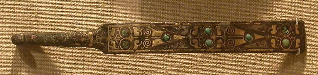 Belt hook, Bronze inlaid with gold, silver, and turquoise, China 