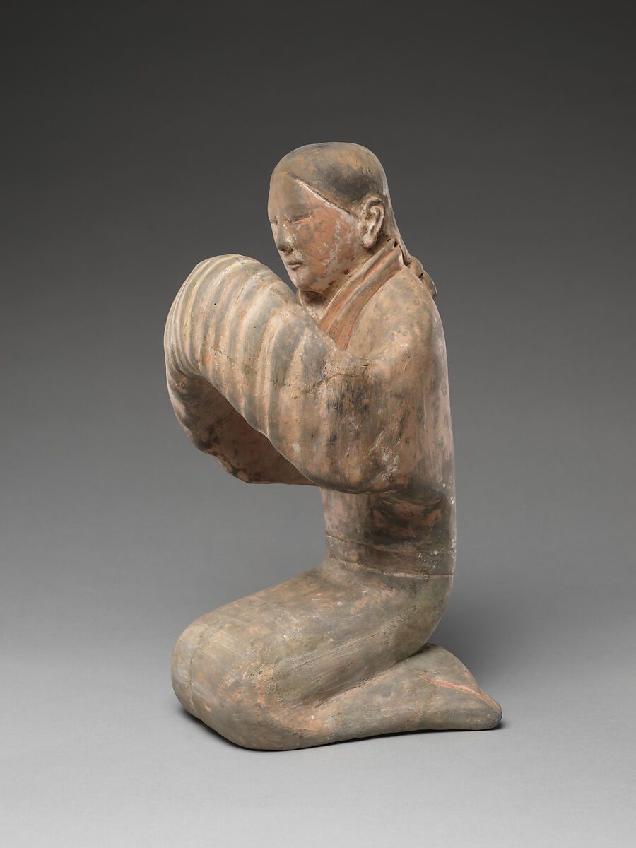 Kneeling Lady in Greeting Gesture, Earthenware with traces of pigments over white slip, China