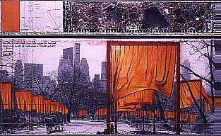 The Gates, Project for Central Park, New York City, Christo (American (born Bulgaria), Gabrovo 1935–2020 New York), Drawing in two parts: graphite, charcoal, pastel, wax crayon, enamel, hand drawn technical data, photograph, fabric, and tape on paper 