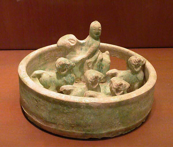 Circular Ram Pen with Rider, Earthenware with green lead glaze, China