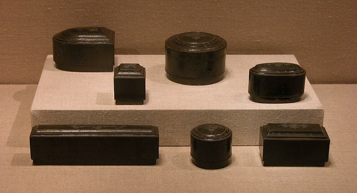 Set of Seven Boxes, Black lacquer with silver foil and traces of red lacquer, China 