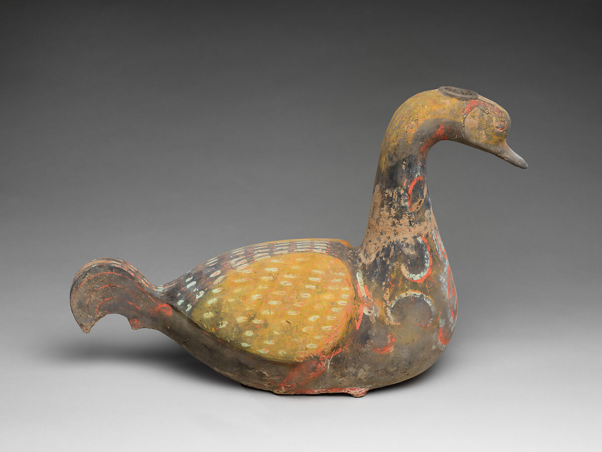 Goose-shaped vessel, Earthenware with painted decoration, China