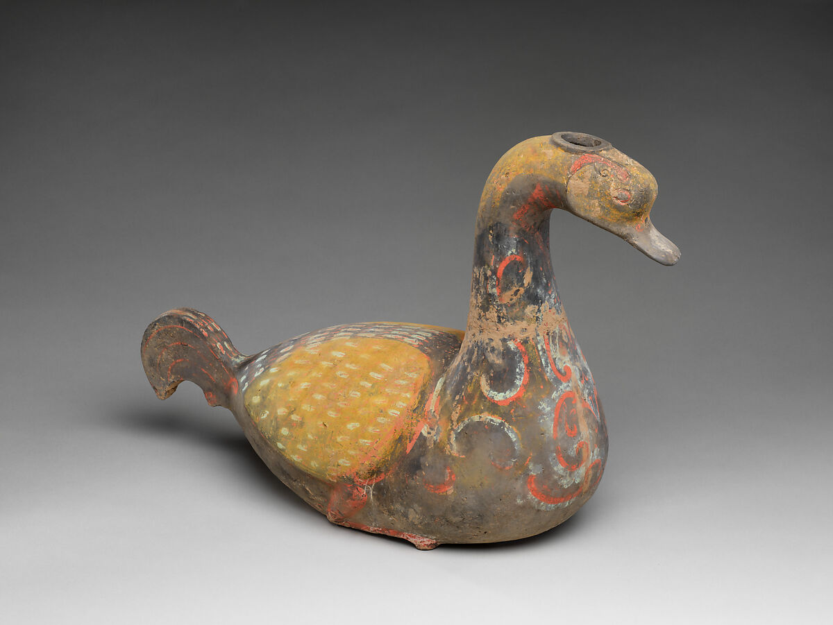 Goose-shaped vessel, Earthenware with painted decoration, China