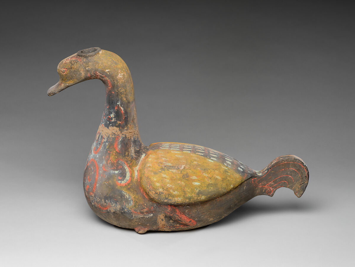 Goose-shaped vessel, Earthenware with painted decoration, China