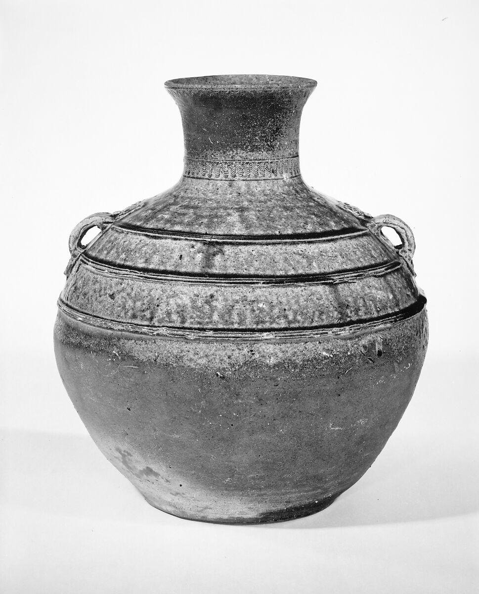 Jar (Labakou Hu), Earthenware with brown-green glaze and raised decoration, China 