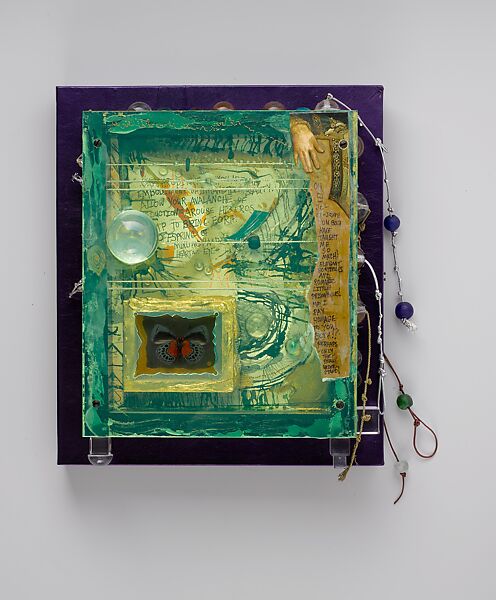 "Homage to Cy Twombly and Joseph Cornell" Brooch in book, William Harper (American, born Bucyrus, Ohio, 1944), Brooch: 14K gold, 18K gold, 24K gold, gold cloisonné enamel on gold and silver, sterling silver, tourmaline, coral, agate, Mexican opal, and pearl
Book: Leather and mixed media