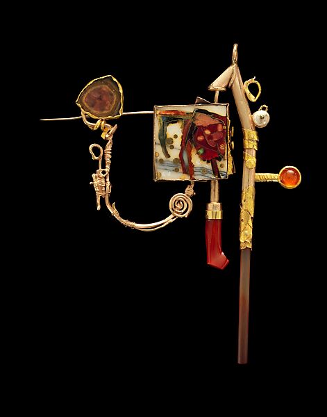 "Homage to Cy Twombly and Joseph Cornell" Brooch in book, William Harper (American, born Bucyrus, Ohio, 1944), Brooch: 14K gold, 18K gold, 24K gold, gold cloisonné enamel on gold and silver, sterling silver, tourmaline, coral, agate, Mexican opal, and pearl
Book: Leather and mixed media 