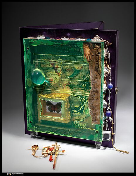 "Homage to Cy Twombly and Joseph Cornell" Brooch in book, William Harper (American, born Bucyrus, Ohio, 1944), Brooch: 14K gold, 18K gold, 24K gold, gold cloisonné enamel on gold and silver, sterling silver, tourmaline, coral, agate, Mexican opal, and pearl
Book: Leather and mixed media