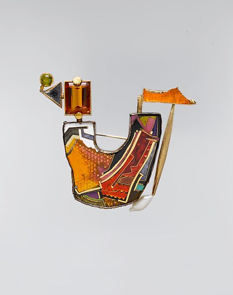 "The Third Fake Maharajah" Brooch, William Harper (American, born Bucyrus, Ohio, 1944), 14K gold, 24K gold, gold cloisonné enamel on silver and gold, sterling silver, citrine, tourmaline, pearl, mirror, and plastic 