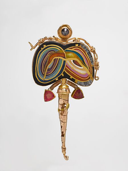 "Faberge's Twins" Brooch, William Harper (American, born Bucyrus, Ohio, 1944), 14K and 24K gold, gold cloisonné enamel on fine silver, sterling silver, tourmalines, and pearl 