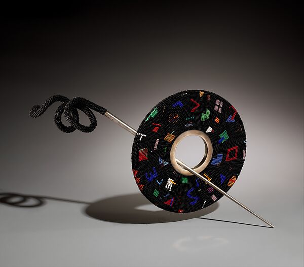 Fibula brooch, Jacqueline I. Lillie (French, born Marseille, 1941), Glass beads, silver, and silk thread 