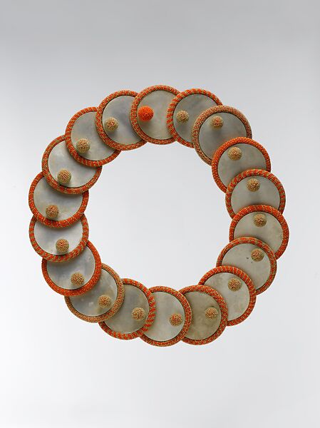 Necklace, Jacqueline I. Lillie (French, born Marseille, 1941), Glass beads and metal disks 