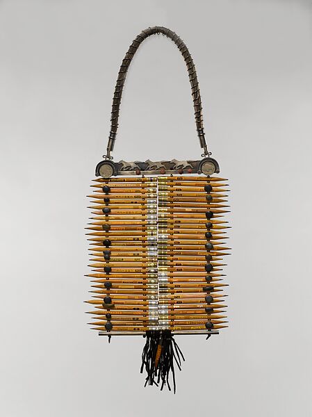 "Sticks and Stones and Words" Breastplate, Kiff Slemmons (American, born Maxton, North Carolina, 1944), Silver, pencils, erasers, stone, horsehair, coins, and leather 