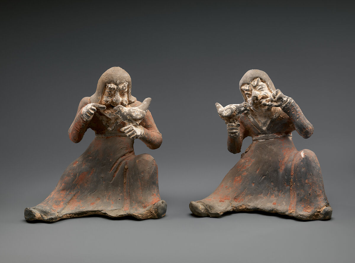 Seated Falconer, Earthenware with red and white pigments, China