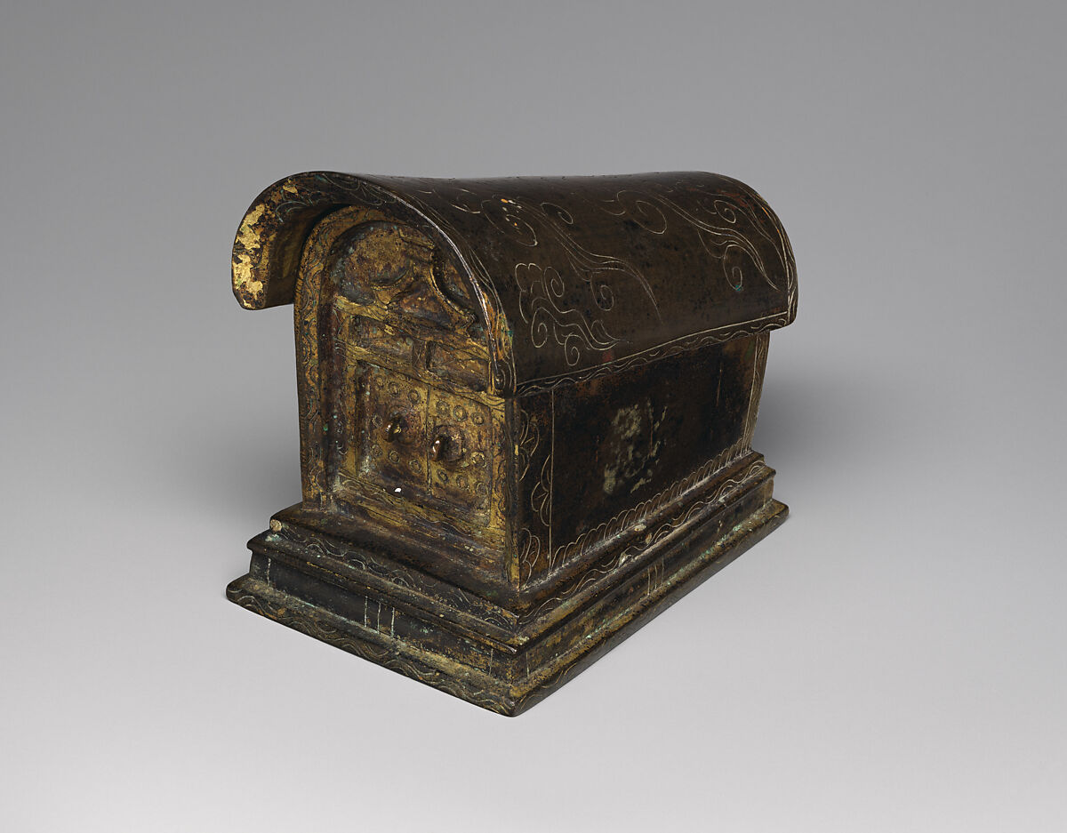 Reliquary in the shape of a coffin, Gilt bronze, China 