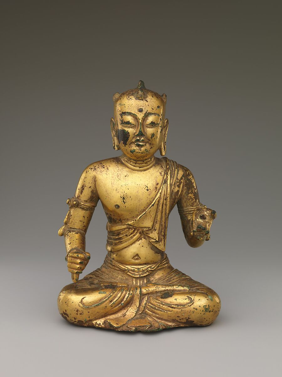 Manjushri,  Bodhisattva of Wisdom, with five knots of hair (Wuji wenshu), Gilt bronze; lost-wax cast, China 