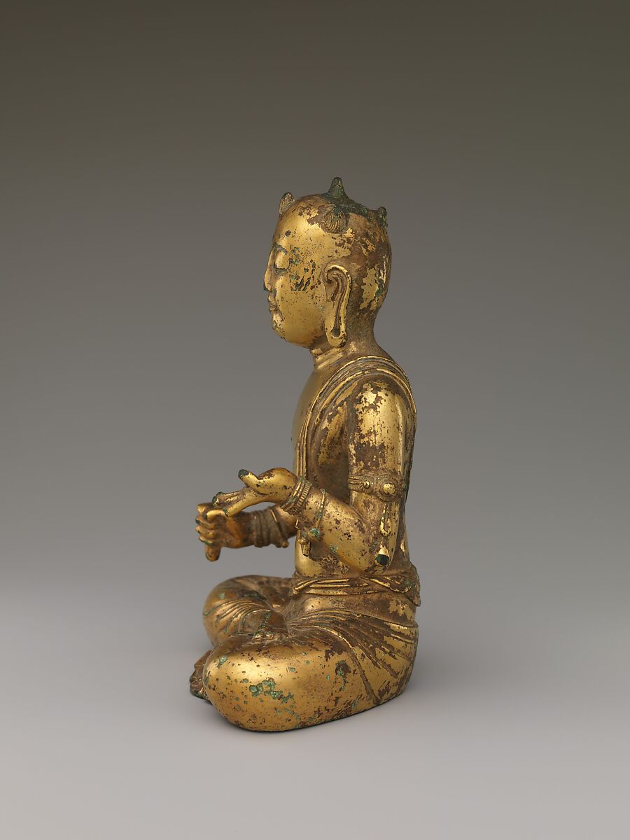 Manjushri,  Bodhisattva of Wisdom, with five knots of hair (Wuji wenshu), Gilt bronze; lost-wax cast, China