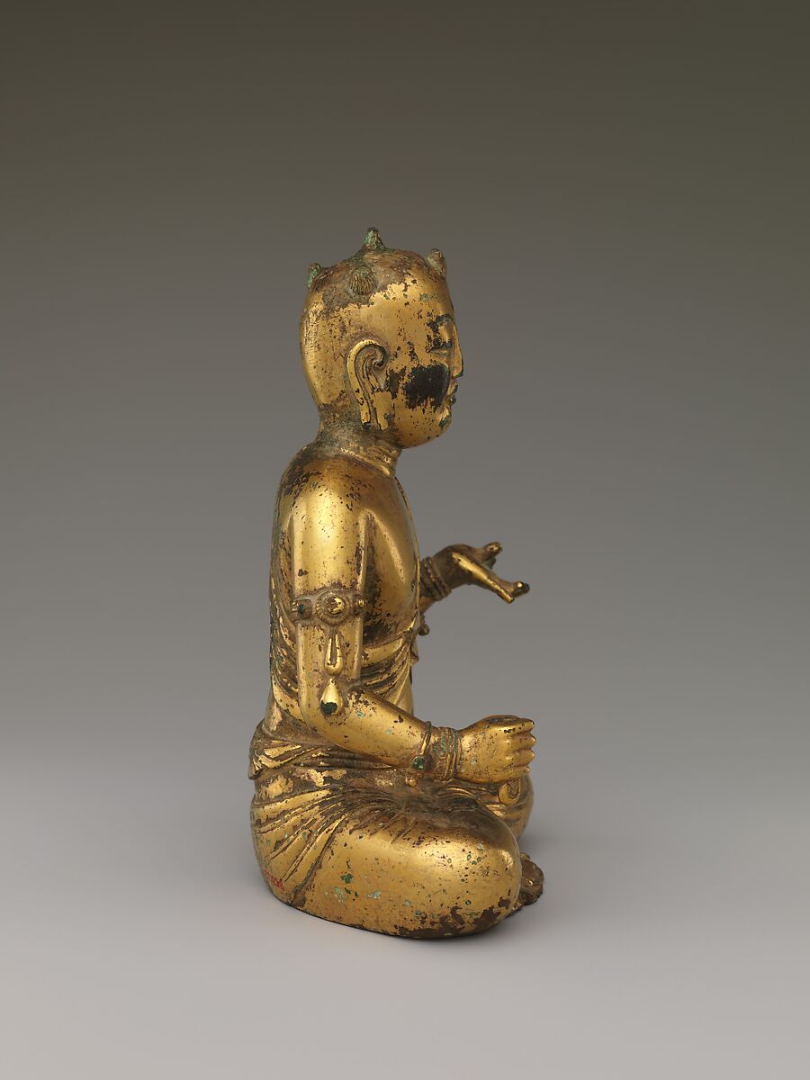Manjushri,  Bodhisattva of Wisdom, with five knots of hair (Wuji wenshu), Gilt bronze; lost-wax cast, China