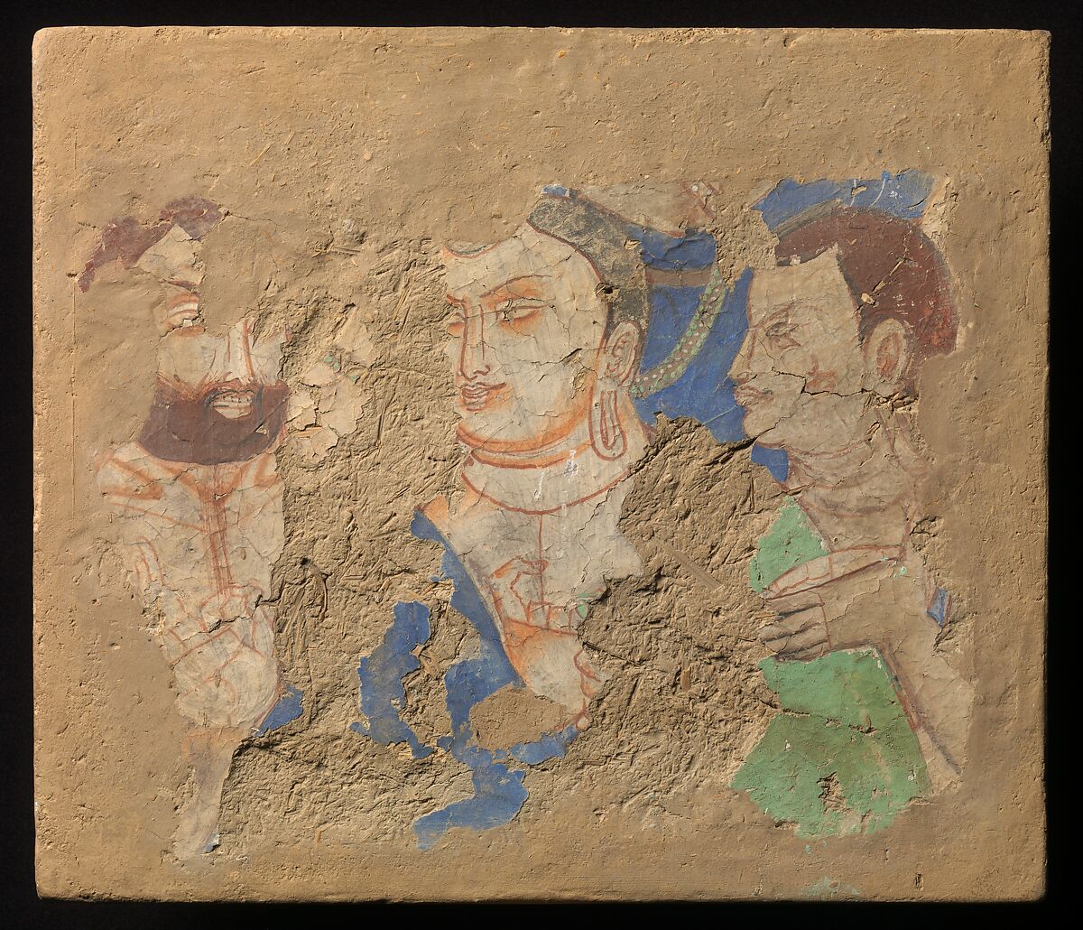 Buddha with Two Disciples, Pigments on mud plaster, China (Xinjiang Uyghur Autonomous Region) 