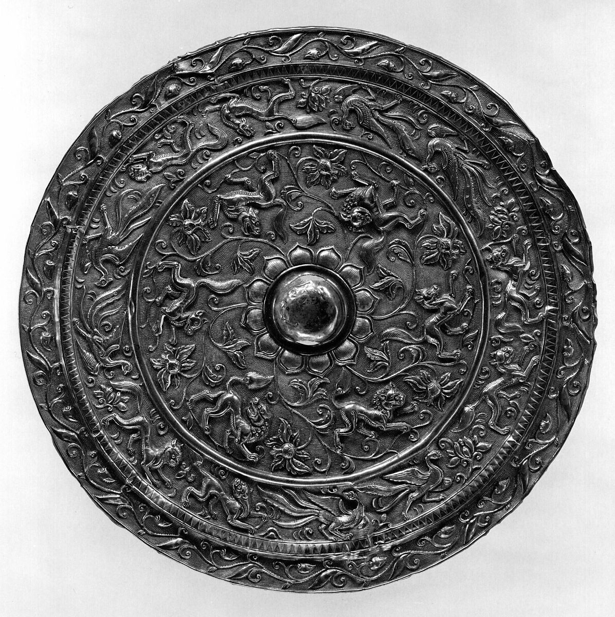Mirror Back with Birds and Animals in Repoussé, Silver, China