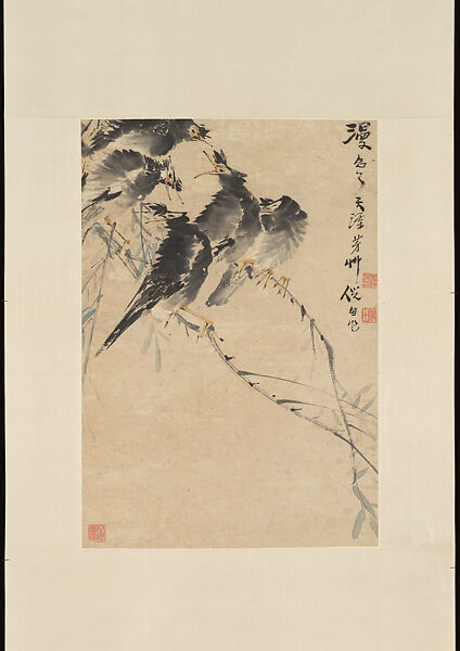 Mynahs, Ni Tian (Chinese, 1855–1919), Hanging scroll; ink and color on paper, China 