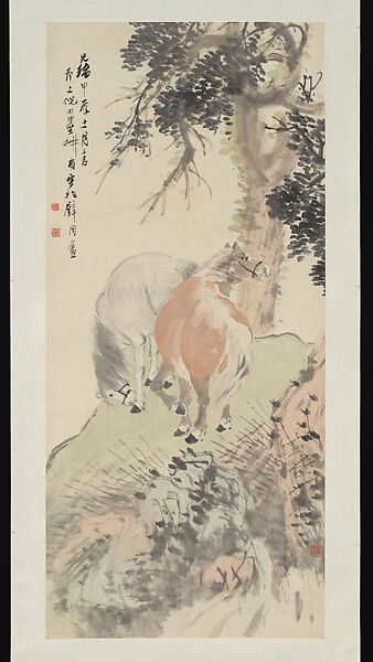 Two Horses, Ni Tian (Chinese, 1855–1919), Hanging scroll; ink and color on paper, China 