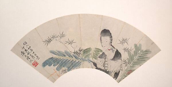 A Beauty, Lu Hui (Chinese, 1851–1920), Folding fan mounted as an album leaf; ink and color on alum paper, China 