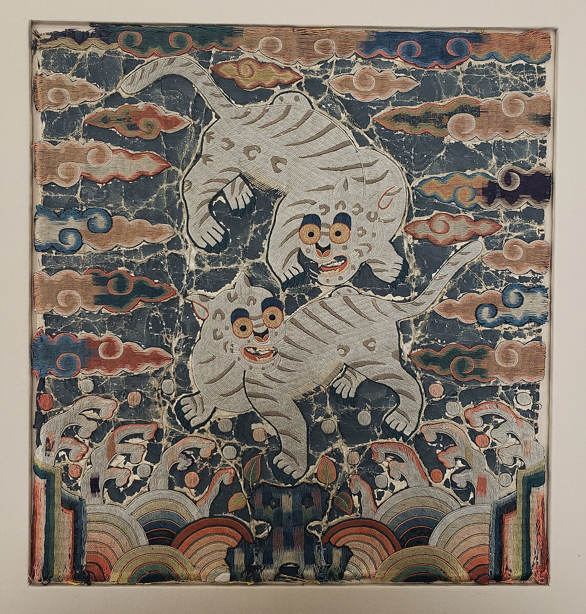 Rank badge with a pair of tiger-leopards, Silk and metallic thread embroidery on silk satin damask, Korea 